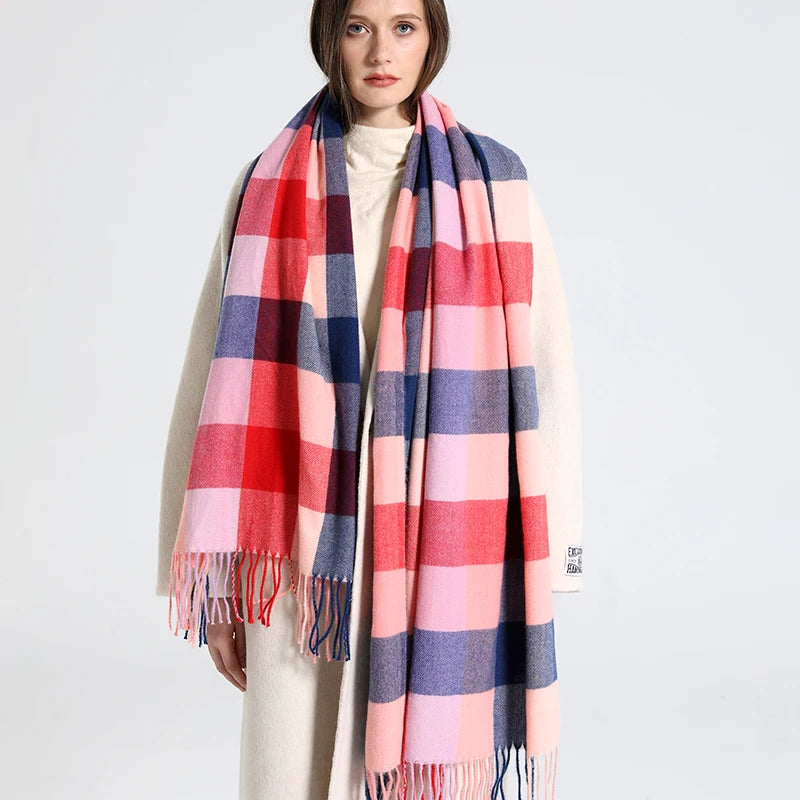 2023 New Women Simulated Cashmere Checker Scarf Warm in Winter Long Thick Cashmere Touch Tassel Fashion Color Checker Scarf