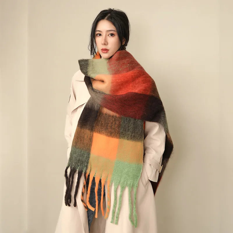 35 *220CM Luxury Checked Scarf Warm in Winter Cashmere Like Feel Rainbow Checked Fashion Versatile Women Tassel Shawl Scarf