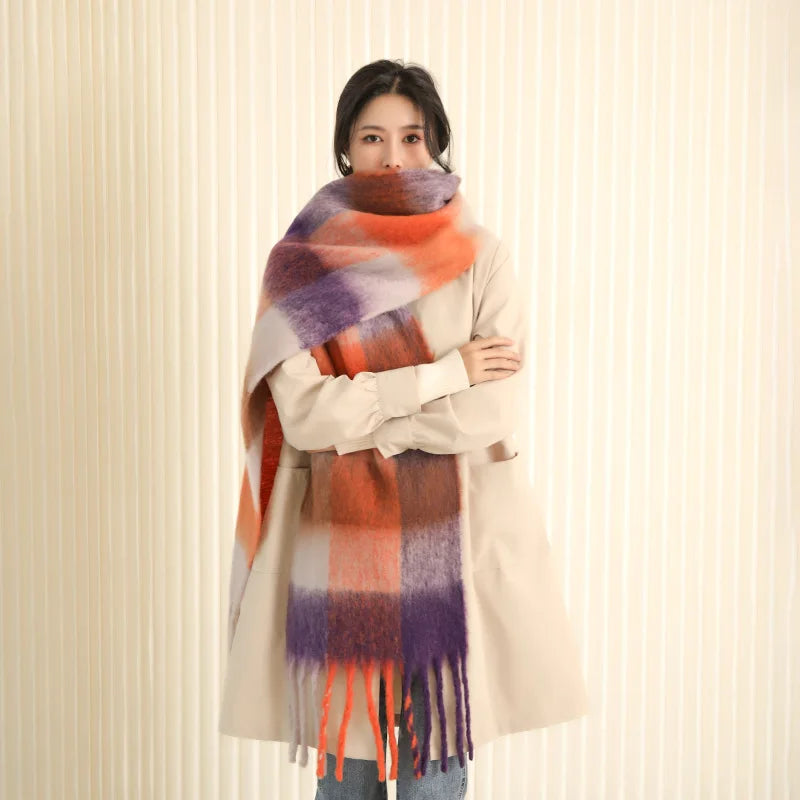 35 *220CM Luxury Checked Scarf Warm in Winter Cashmere Like Feel Rainbow Checked Fashion Versatile Women Tassel Shawl Scarf