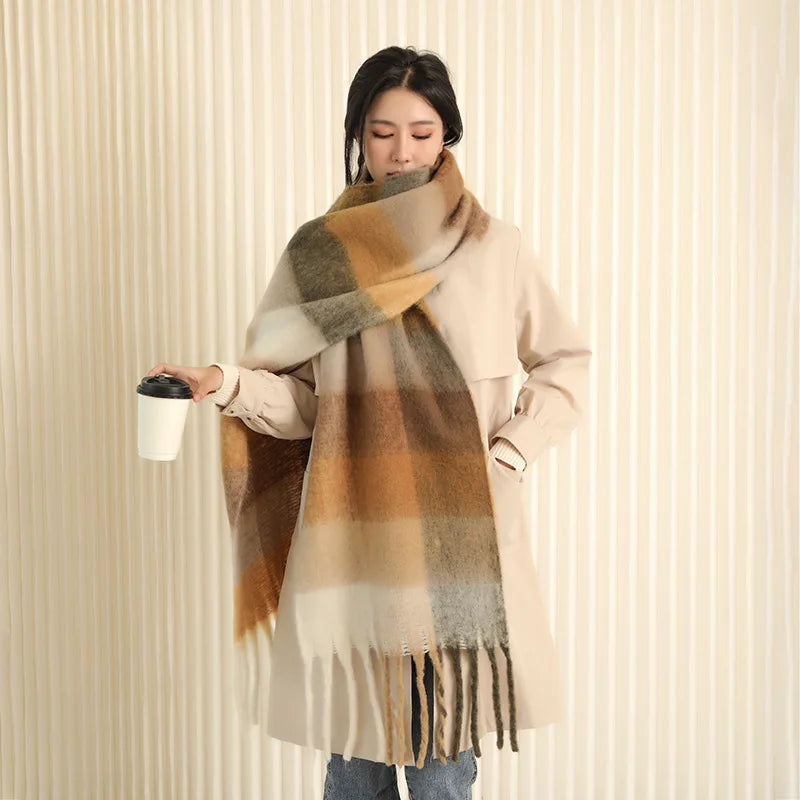35 *220CM Luxury Checked Scarf Warm in Winter Cashmere Like Feel Rainbow Checked Fashion Versatile Women Tassel Shawl Scarf