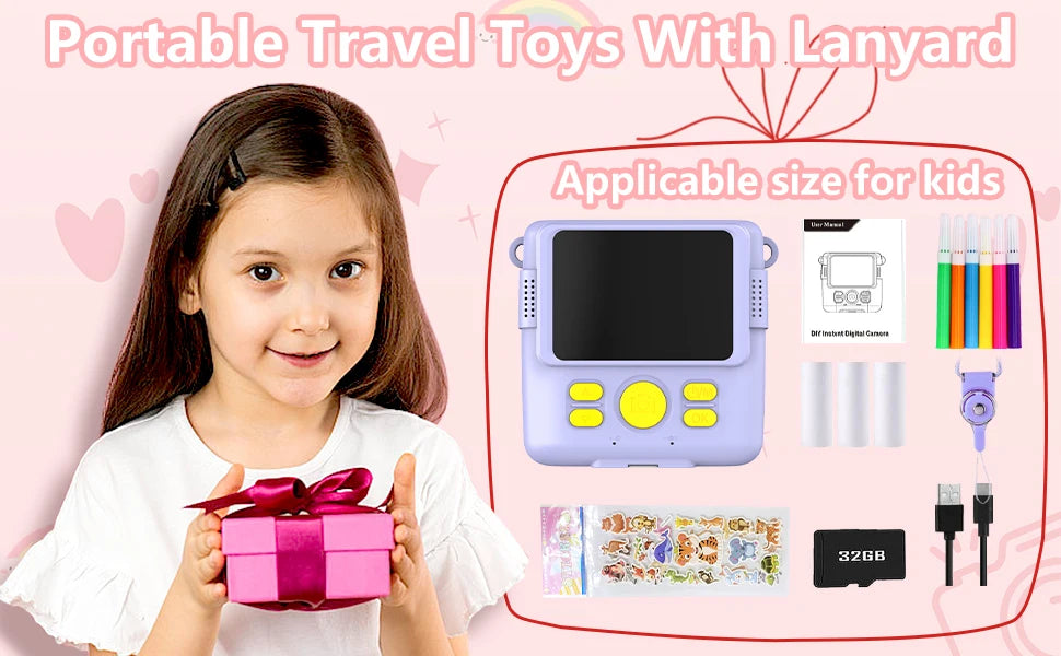 Instant Print Camera for Kids,1080P HD Digital Video Cameras for Toddler，Christmas Birthday Gifts for Age 3-12 Girls Boys，