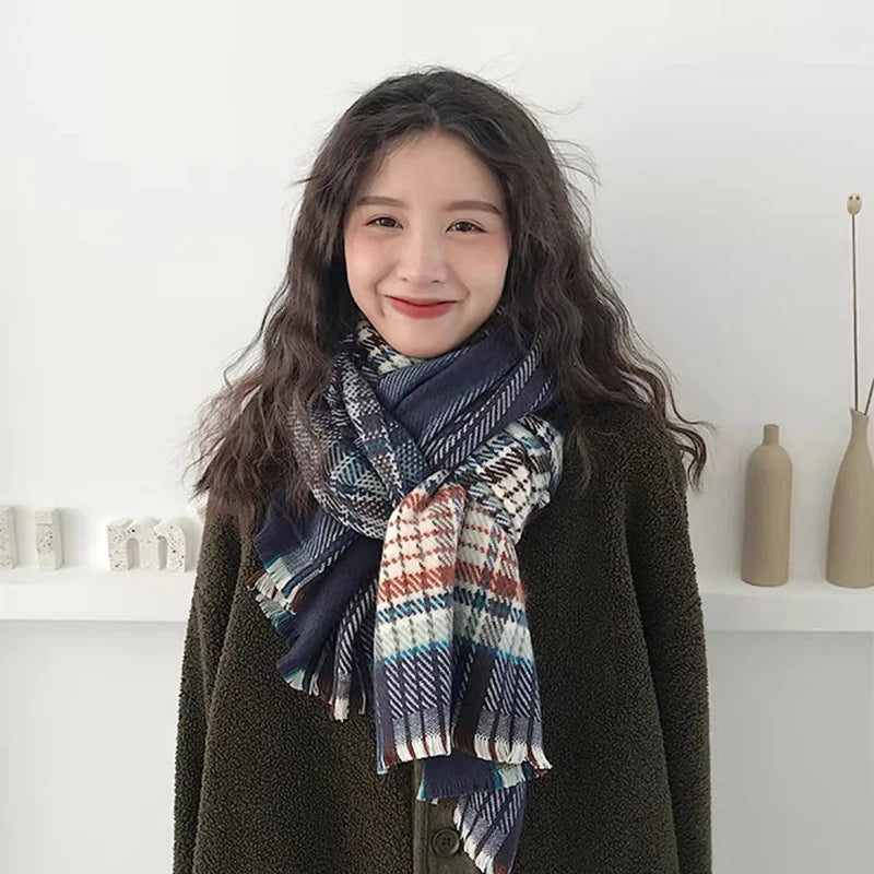 INS Autumn Winter Korean Plaid Thick Warm Scarf Su Da Shawl Student's New Style Imitates Cashmere Plaid Atmosphere Flowing