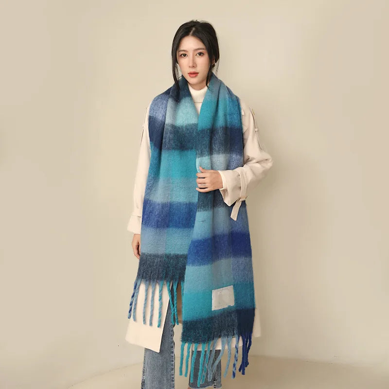 35 *220CM Luxury Checked Scarf Warm in Winter Cashmere Like Feel Rainbow Checked Fashion Versatile Women Tassel Shawl Scarf