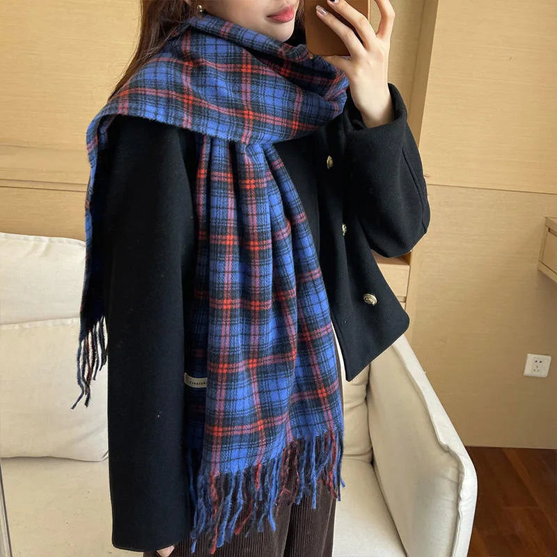 INS Autumn Winter Korean Plaid Thick Warm Scarf Su Da Shawl Student's New Style Imitates Cashmere Plaid Atmosphere Flowing
