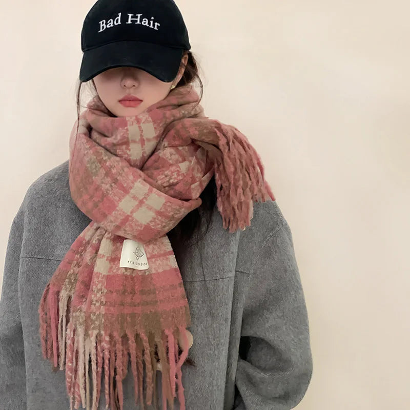 INS Autumn Winter Korean Plaid Thick Warm Scarf Su Da Shawl Student's New Style Imitates Cashmere Plaid Atmosphere Flowing