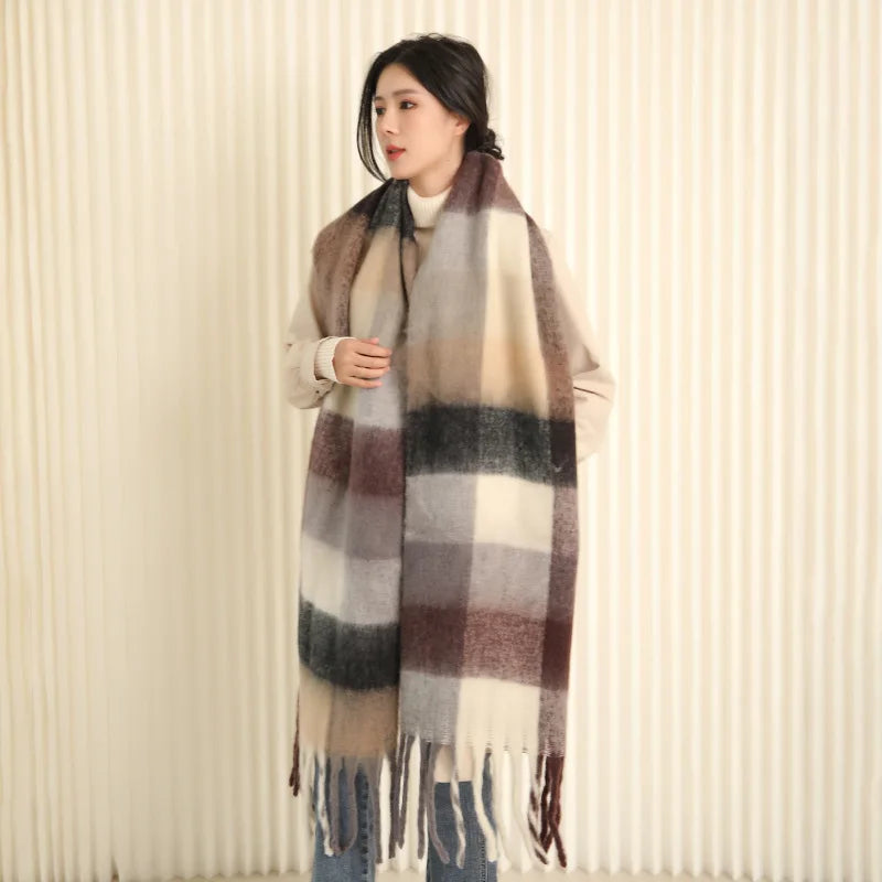 35 *220CM Luxury Checked Scarf Warm in Winter Cashmere Like Feel Rainbow Checked Fashion Versatile Women Tassel Shawl Scarf