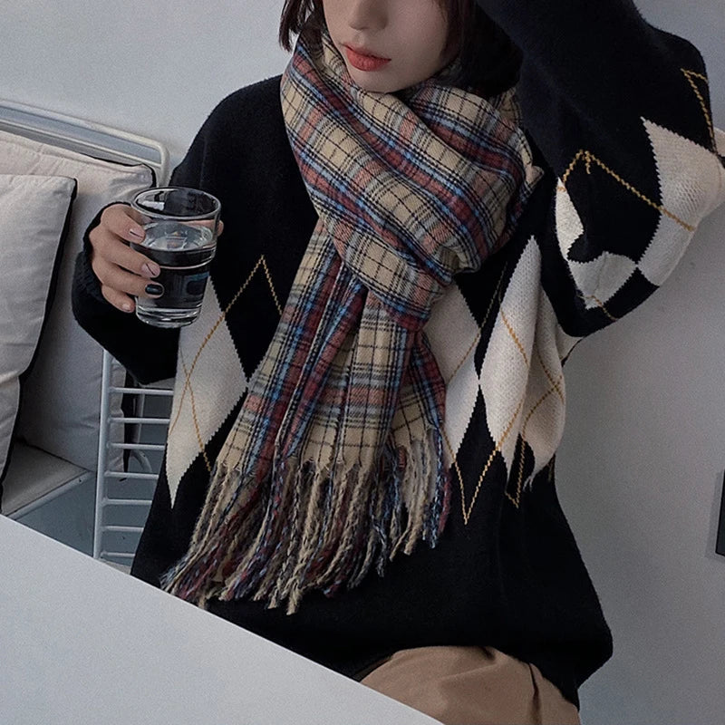 INS Autumn Winter Korean Plaid Thick Warm Scarf Su Da Shawl Student's New Style Imitates Cashmere Plaid Atmosphere Flowing