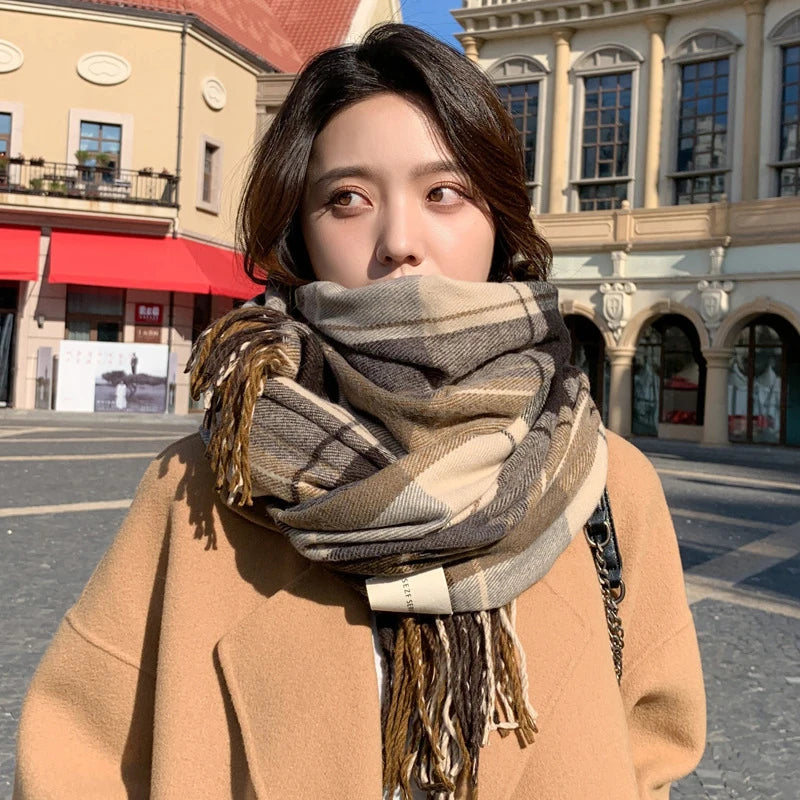 INS Autumn Winter Korean Plaid Thick Warm Scarf Su Da Shawl Student's New Style Imitates Cashmere Plaid Atmosphere Flowing