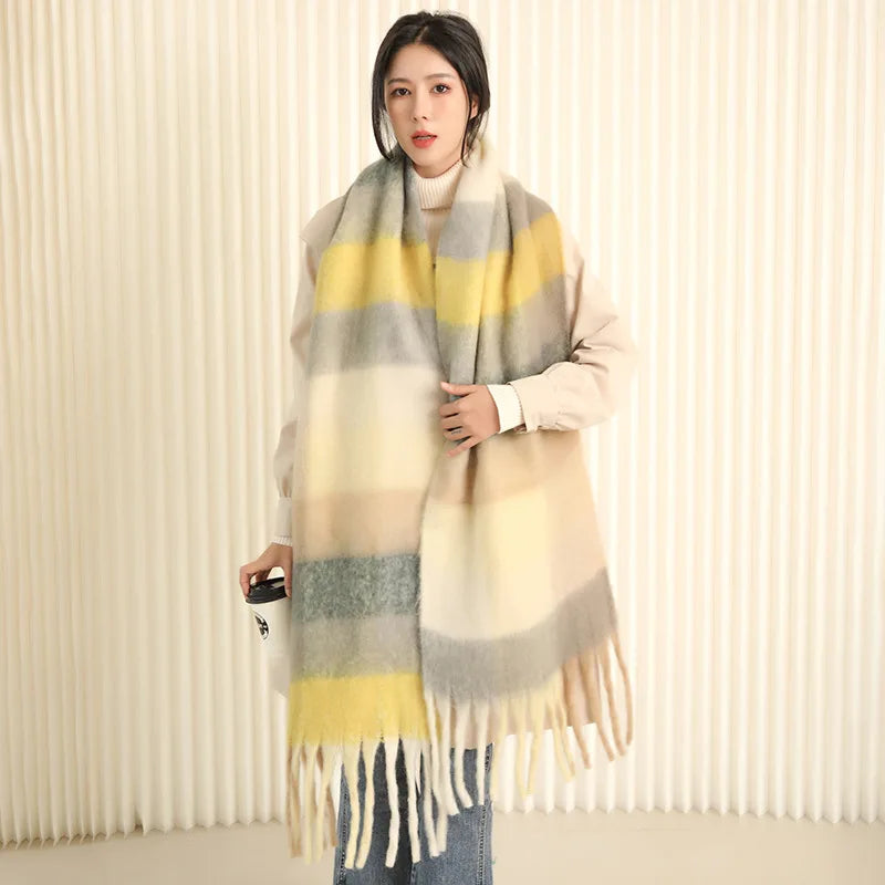 35 *220CM Luxury Checked Scarf Warm in Winter Cashmere Like Feel Rainbow Checked Fashion Versatile Women Tassel Shawl Scarf